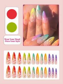 24pcs Almond Shaped French Manicure Nail Stickers, Cute Y2K Style, Rainbow Ombre, Extra Long Pointed, Women False Nails Nail Supplies - Multicolor - View 2