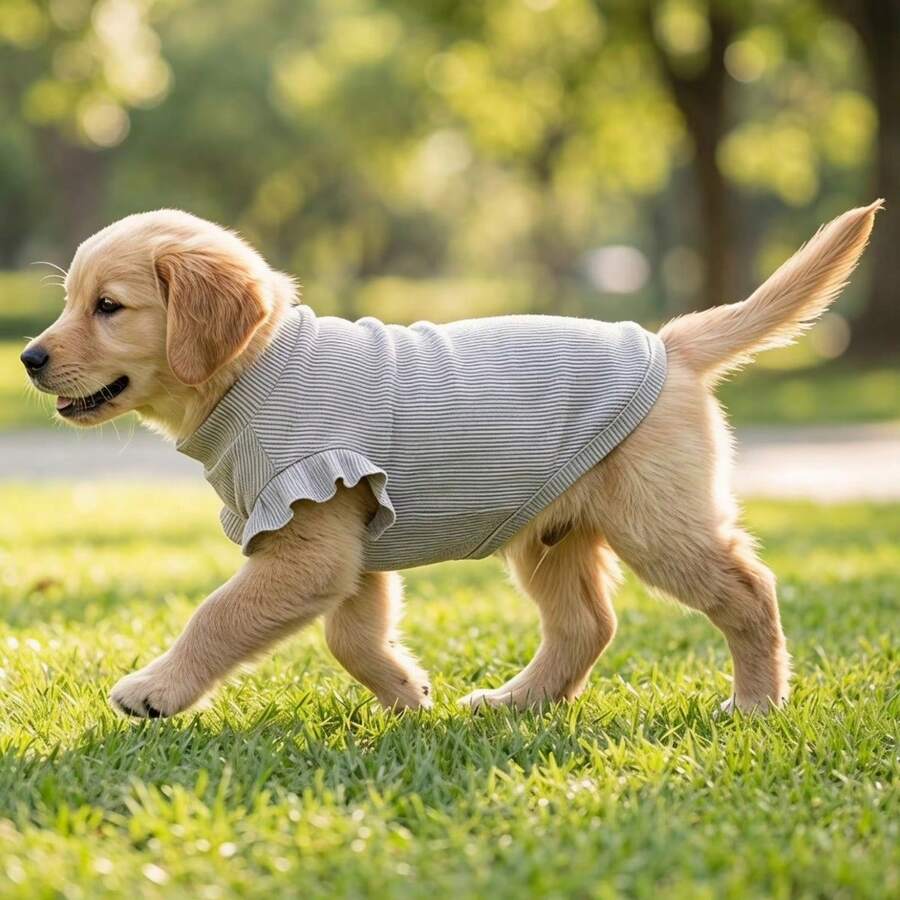 1pc Cute Waffle Ruffle Sleeve Pet T-Shirt, Three Color Round Neck Breathable Dog Clothing - Grey - View 1