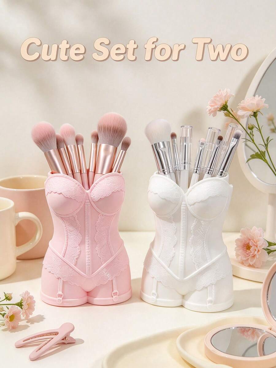 1/2pcs INS Style Lace Makeup Brush Holder, Desktop Cosmetic Display Box, Girly Makeup Brush Organizer Pen Holder, Personalized Vanity Decor Storage Ornament, Makeup Storage And Organization, Home Decor Item, Fun Holiday Gift - Multicolor - View 1