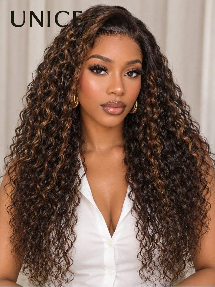 UNice 7x5 Bye-Bye Slip™ Lace Black With Caramel Highlights Water Wave Wig With Invisi Drawstring Fit For All Sizes 150% Density Put On And Go Wig Pre Plucked Pre Cut Bleached Knots Ready To Wear Frontal Wig Beginner Friendly For Women