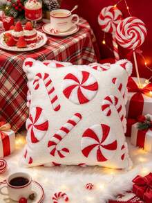 1pc / 2pcs Christmas Candy Cane Pillow Case, Red And White Peppermint Candy Pattern Cushion Cover, Sofa Pillow Case, Holiday Home Decor, Rustic Living Room Sofa Soft Furnishing, Pillow Insert Not Included - Red - View 3