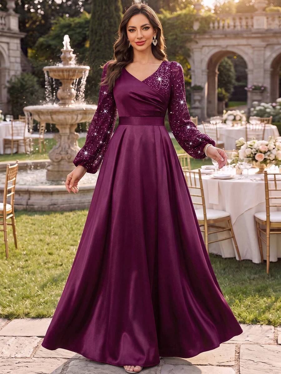 MIUSOL Sparkling Floral Lace Patchwork Satin Lantern Sleeve Elegant Formal Party Long Dress, Suitable For Wedding Guest, Graduation Ceremony, Evening Banquet