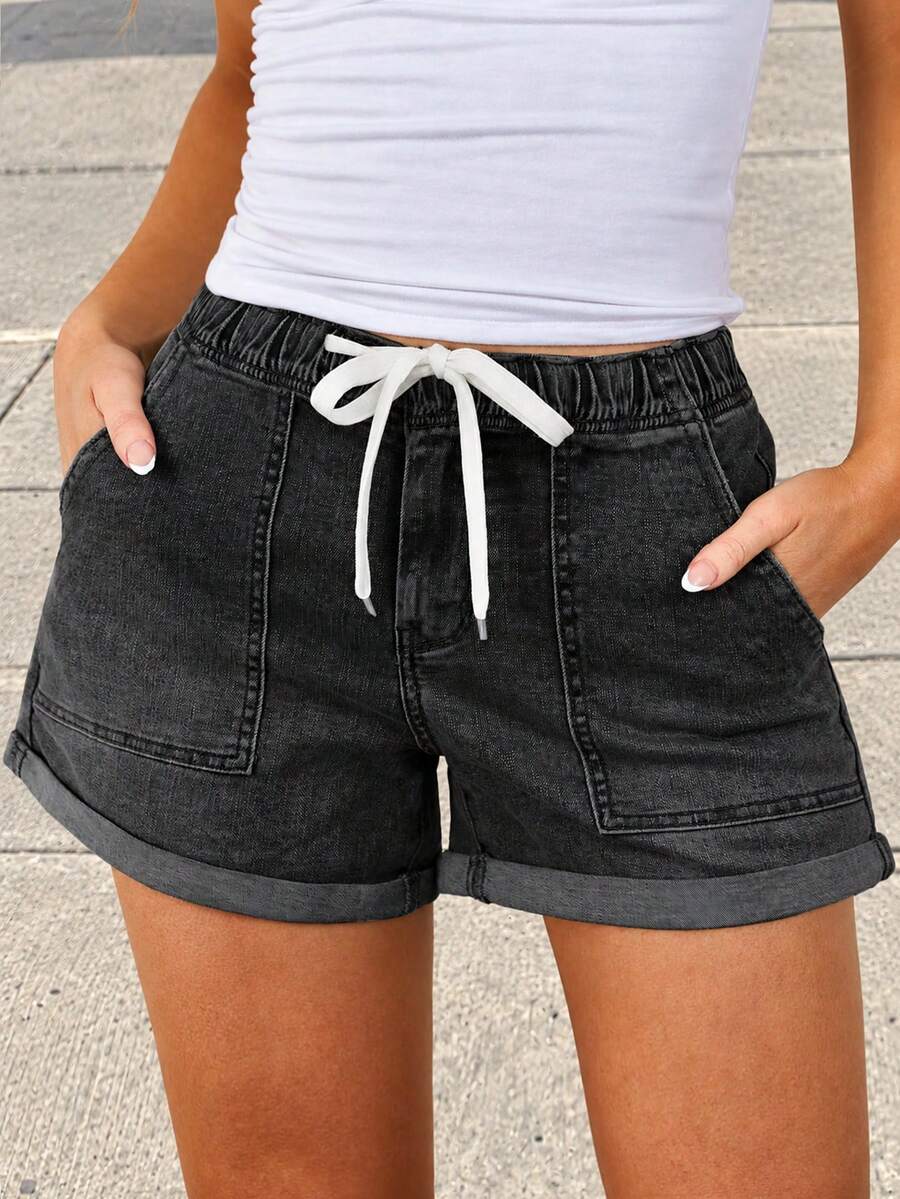 Women's Lightweight Summer Denim Shorts, Casual Loose Drawstring Elastic Waist, Cuffed Hem, Comfortable Vacation Denim Shorts - Smoke Black - View 1