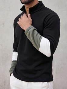 Men's Zipper Half-Placket Striped Colorblock Long Sleeve Sweatshirt - Black - View 5