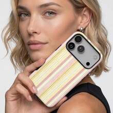 柔軟條紋手機殼，復古美學黃色與粉色極簡藝術風格，相容 iPhone 18 17 16 15 14 13 12 11 Pro Max - 彩色 - 查看 2