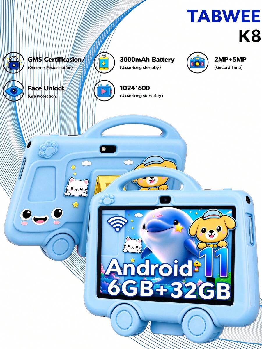 TABWEE 7英吋兒童平板電腦 Android 11 K8 平板，教育平板，HD+ IPS 1024*600 解析度，四核心處理器，6GB (2+4) RAM，32GB，3000mAh 電池，WiFi（不含適配器）