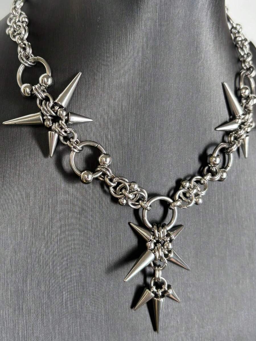 1pc Men's Pendant Necklace, Metal Silver Fashionable Personalized Hip-Hop Punk Style Geometric Rivet Pendant Necklace, Suitable For Daily Wear, Party, Music Festival, Gift For Boyfriend - Silver - View 1
