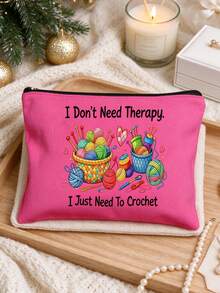 Knitting-Themed Craft Bag Suitable For Yarn, Needles & Cosmetics Storage - Beige With Yarn & Knitting Needles, Spacious For Crochet Hobbyists, Portable For, Travel, Small Items Carrier - Multicolor - View 5