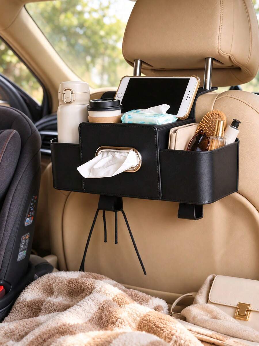Car Seat Back Storage Bag With Tissue Box, Hanging Headrest Organizer, Multi-Pocket PU Leather Car Rear Seat Storage Rack, Can Hold Tissues, Water Bottles, Phones, Car Interior Accessories