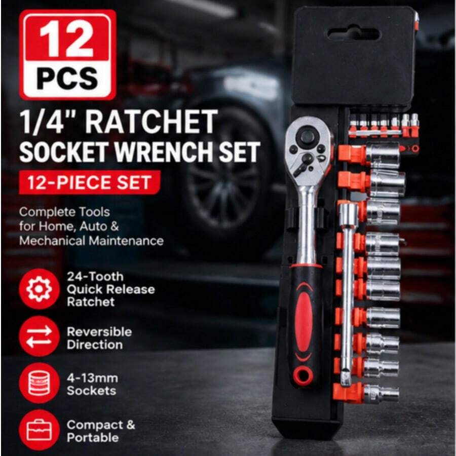 12pcs 1/4 Inch Ratchet Socket Wrench Set, 24-Tooth Quick Release Reversible Ratchet Handle With Extension Bar, 4-13MM Socket Kit, Manual Tool Set For Home And Car Repair, Suitable For Mechanical Vehicle Maintenance - 1/4" Socket Set (12-piece, Galvanized) - View 1