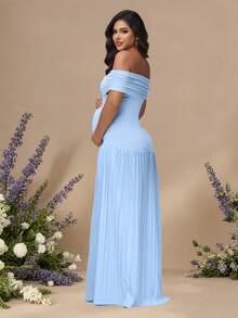 JustVH Maternity Off-Shoulder Party Dress, Ruffle Hem, Women's Baby Shower Long Formal Gown Spring Fall - Baby Blue - View 10