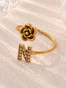 1Pc Vintage Zirconia Initial Letter Open Ring With 3D Rose, Open Adjustable Stainless Steel Ring, Personalized Alphabet Statement Jewelry, Birthday Gift - Yellow Gold - View 8