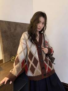 Women's Autumn/Winter V-Neck Diamond Check Single-Breasted Casual Cardigan Jacket - Brown - View 2
