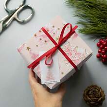 1 Roll Pink Christmas Wrapping Paper Mini Roll Watercolor Pink Christmas Tree Forest Design With Gold Foil Spots Gift Wrapping Paper Roll For Holiday, Xmas Party, Celebration, New Year - Pink Version - View 9