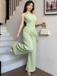 abyoxi Women's Pea Green Sleeveless One-Shoulder Ruched Waist Lace Patchwork Asymmetrical Hem Top And Wide Leg Pants Two Pieces Set, Sexy And Elegant, Suitable For Work Commute, Daily Outings, Formal Dinners, Dates, Parties, Weddings, Holidays, Valentine's Day, Tight Top And Long Pants Summer Outfit - Pea Green - View 8
