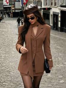 Women's Button Vintage Long Sleeve Jacket And Mini Skirt Suit 2 Pieces Set - Dark Brown - View 3