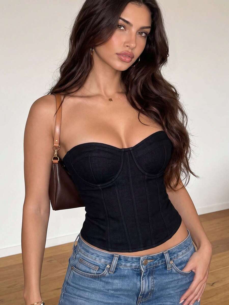 Business Casual Corset-Style Sleeveless Top, Slim Fit Waist Cincher, Commuter Wear - Dark Grey - View 1