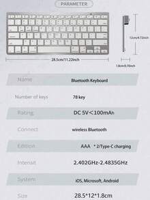 78 Keys Mini Portable Wireless Bluetooth Keyboard, Suitable For Computer And Tablet, Office Keyboard, Second-Level Wireless Control (Please Read Product Description Carefully). - Upgraded Version - Silver-white - View 12