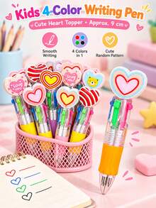 Cute Heart‑Shaped 4‑In‑1 Multicolor Ballpoint Pens, Kids Cartoon Multi‑Color Retractable Pens, Fun Gift Set For Birthday & Kids Party Favors - Multicolor - View 2