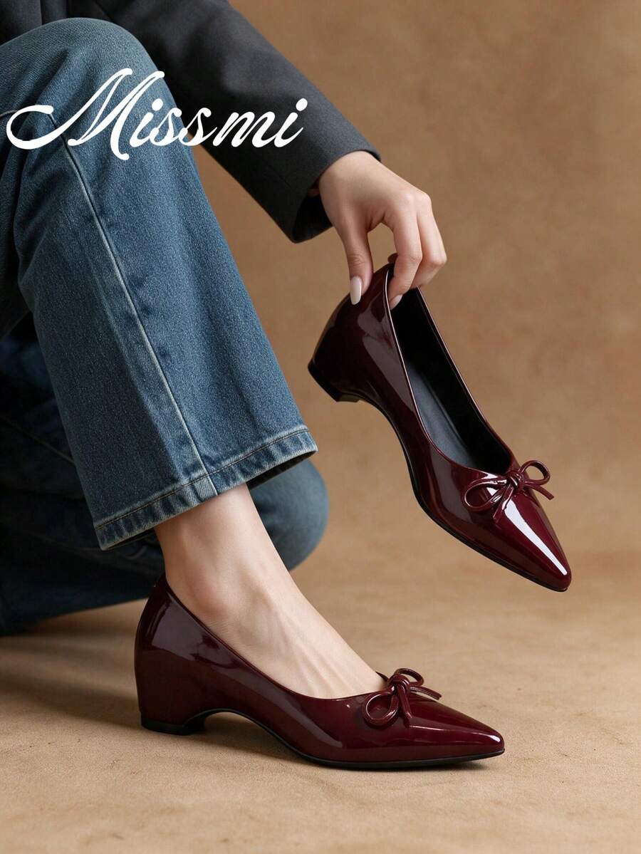 High-End Burgundy Glossy Pointed Toe Low-Top Bow Decor Chunky Low Heel ...