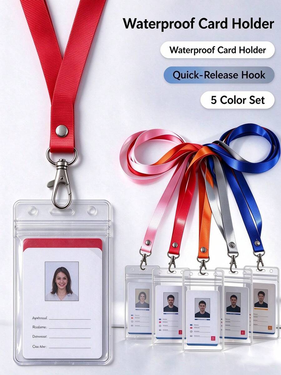 5pcs Transparent ID Badge Holders With Lanyards, Vertical Card Sleeves With Metal Hooks And Adjustable Neck Straps, Assorted Colors, Suitable For Office, Nurses, Doctors, Teachers, Students, ID Cards, Credit Cards, Access Cards - Multiple Specifications - View 1