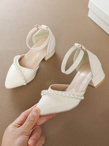 Girls' Pointed Toe Pearl Decor Chunky Heel High Heels, Elegant Sandals, Flower Girl Shoes, Daily Princess Shoes - Beige - View 7