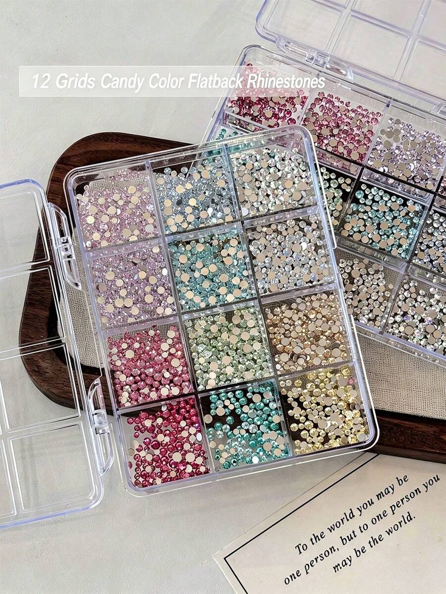 12-Grid High-Quality Flat Back Nail Art Rhinestones, Viral Sparkling 33-Cut Crystal Flat Back Small Round Diamonds For DIY Nail Art - Multicolor - View 1