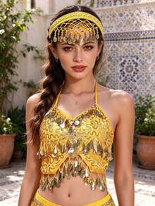 Boho Halter Neck Sequined Bra Top Coin Tassel Fringe, Coin Fringe Lace Headband Headchain, Handmade Kizomba Stage Performance Wear, Multi-Color Available - Multicolor - View 8