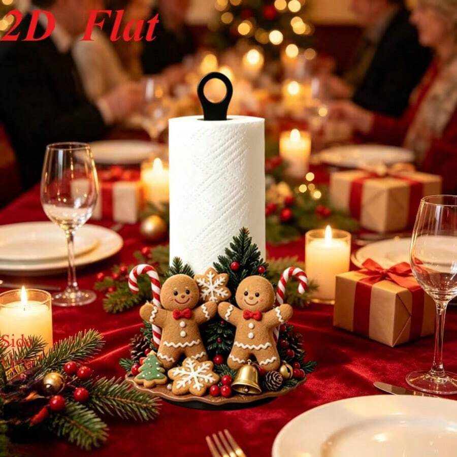 2D Flat Printing Christmas Holiday Theme Kitchen Paper Towel Holder, Gingerbread Man Shaped Countertop Roll Paper Storage Rack, Suitable For Kitchen, Bathroom, Living Room, Dining Room, Christmas, Halloween, Thanksgiving Warm Decor Ornament, Paper Towels Not Included - View 1