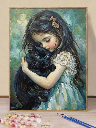 Paint By Numbers Kit Little Girl Hugging Black Cat, DIY Hand-Painted Acrylic Painting, Home Wall Decor