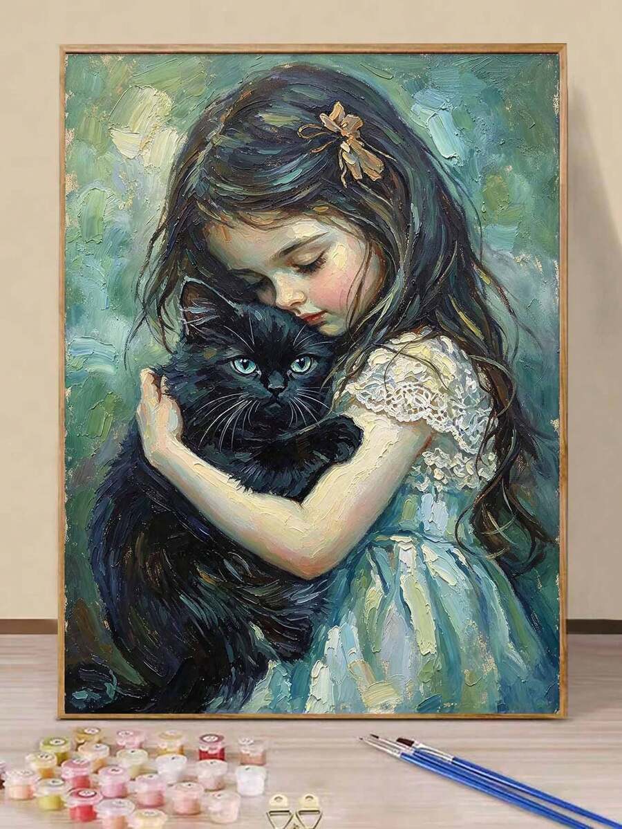 Paint By Numbers Kit Little Girl Hugging Black Cat, DIY Hand-Painted Acrylic Painting, Home Wall Decor - A - View 1