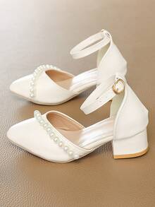 Girls' Pointed Toe Pearl Decor Chunky Heel High Heels, Elegant Sandals, Flower Girl Shoes, Daily Princess Shoes - Beige - View 8
