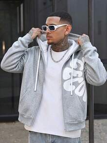 Men's Zipper Hoodie With Drawstring, Side 3D Letter Decoration, Suitable For Casual And Streetwear, Gift For Family, Friends And Boyfriend - Light Grey - View 6