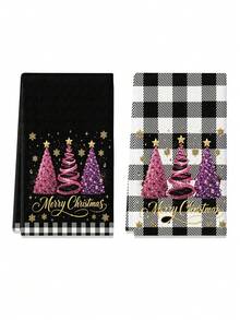 2件組聖誕樹廚房抹布，黑白水牛格紋配粉紫亮片聖誕樹、金色Merry Christmas字母雪花圖案，浴室洗臉巾，冬季節日居家裝飾禮物 - 彩色 - 查看 9