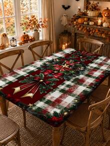 1pc Christmas Tablecloth Red & Green Plaid Holiday Dining Table Decor With Holly And Bows, Fiber Tablecloth Suitable For Indoor/Outdoor Christmas Party, Family Dinner, Office, Easy To Clean Holiday Table Decor, 2D Flat Design, Party Tablecloth, Holiday Table Setting, Holiday Table Accessories, Holly Bow Design, Classic Christmas Pattern, Holiday Host - A - View 7