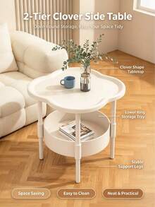 1pc, Desktop 40cm, Total Height 48cm, Cream White Plastic, Double Layer, Clover Cloud Petal Tabletop, Lower Round Storage Basket, Suitable For Living Room Sofa Side, Bedroom, Dining Room - Multicolor - View 1