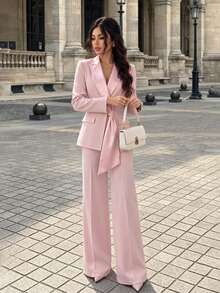 20-35 Years Old Women Spring/Autumn Commute & Date Pink Satin Patchwork Collar Design Blazer Suit Set, High Waist Wide Leg Pants Slimming Luxury French Elegant - Pink - View 2