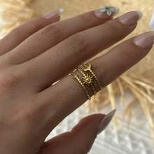 Set 5 Cincin Terbuka Geometris Stainless Steel, Cincin Tumpuk Niche Bintang & Bulan Spiral Asimetris - Emas - View 5