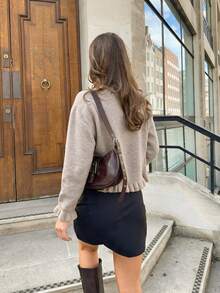 Women's Fall Winte Ruffle Trim Pearl Gold Buttons Knit Cardigan Round Neck Soft Frill Hem Long Sleeve Sweater For Everyday Chic Elegant Quiet Luxury - Camel - View 7