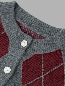 Nicenter 女款圓領長袖菱格紋前開鈕扣羊毛混紡針織衫開襟外套，休閒優雅秋季女裝，適合日常通勤、度假、派對 - 紅木色 - 查看 8