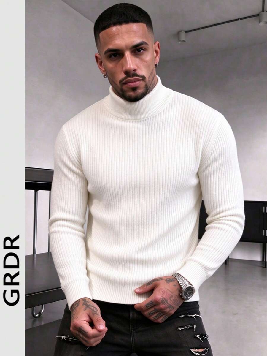 Men's Ribbed Half-Mock Neck Casual Knit Sweater Long Sleeve - White - View 1