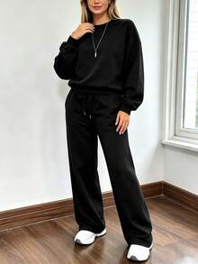 2 قطعة طقم رياضي نسائي من Falloutfits، جاكيت مريح وعصري بتصميم كتل لونية وبنطال كاجوال، مناسب للارتداء في الخريف/الشتاء - أسود 1 - مشاهدة 4