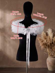 1Pc White Ruffled Tulle Off Shoulder Bridal Shrug, Tie Adjustable Shoulder Wrap, Wedding Gown Photoshoot Evening Party Cover Up - White - View 7