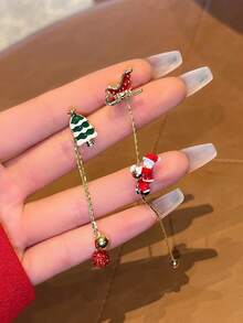 1 Pair Christmas Santa & Tree Sled Dangle Earrings, Enamel Long Tassel Drop Earrings, Women Holiday Party Jewelry Gift - Multicolor - View 2