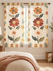 2pcs Vintage Bohemian Sunflower Pattern Printed Curtains, Single-Sided Print, Semi-Sheer - Rod Pocket Curtains, Bedroom Living Room Kitchen Decor, Multiple Sizes Available, Privacy Protection, Machine Washable, Fade-Resistant Curtains (Rod Not Included) - A - View 7