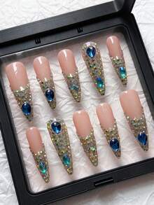 10pcs Extra Long Stiletto Handmade Press-On Nails, Sparkling Rhinestone Nails, Nude Base, 3D Rhinestone Decoration Acrylic False Nails, Suitable For Girls And Women's Daily, Holiday, Party Nail Decoration, Includes Tool Kit, Autumn/Winter Nails - Multicolor - View 3