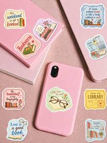 50pcs PP Bookmark Sticker Set, Vintage Literary Journal Style, Including Books, Bookmarks, Glasses, Pens, Ink, Envelopes, Library Cards, Reading Corner Elements, Suitable For Planner Collage, Tablet, Notebook, Storage Box, DIY Handmade Decoration - Multicolor - View 3