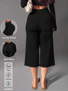 High Waist Wide Leg Capri Pants, Casual Pure Black Loose Capri Pants, Comfortable Slimming Versatile Sports Summer Style - Black - View 2