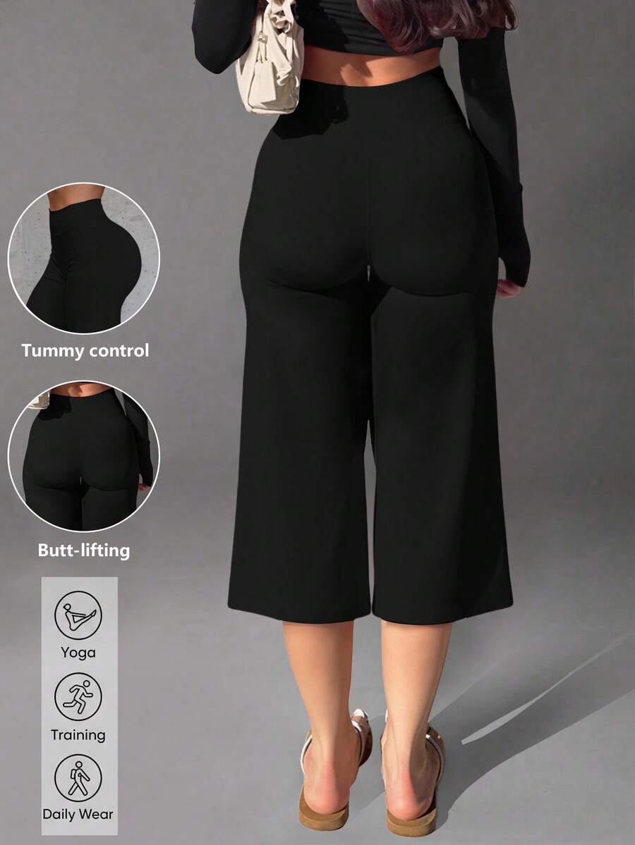 High Waist Wide Leg Capri Pants, Casual Pure Black Loose Capri Pants, Comfortable Slimming Versatile Sports Summer Style