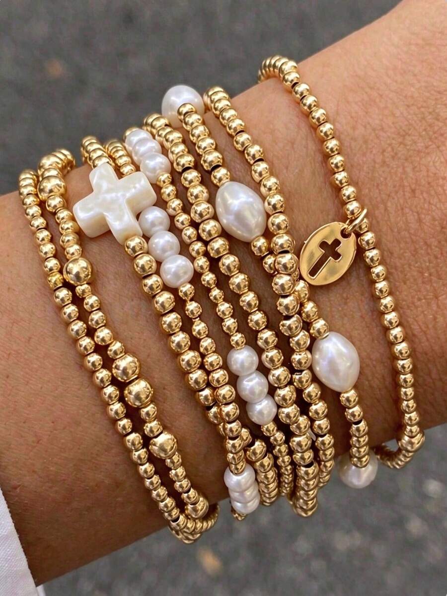 9pcs Bohemian Style Resin Gold INS Niche Design Pearl Cross Beaded Stackable Bracelet Set, Suitable For Women's Daily, Autumn/Winter Party And Vacation - Gold - View 1